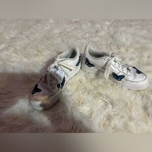 White Sneakers with Blue Butterfly Accents - Women's Casual Shoes